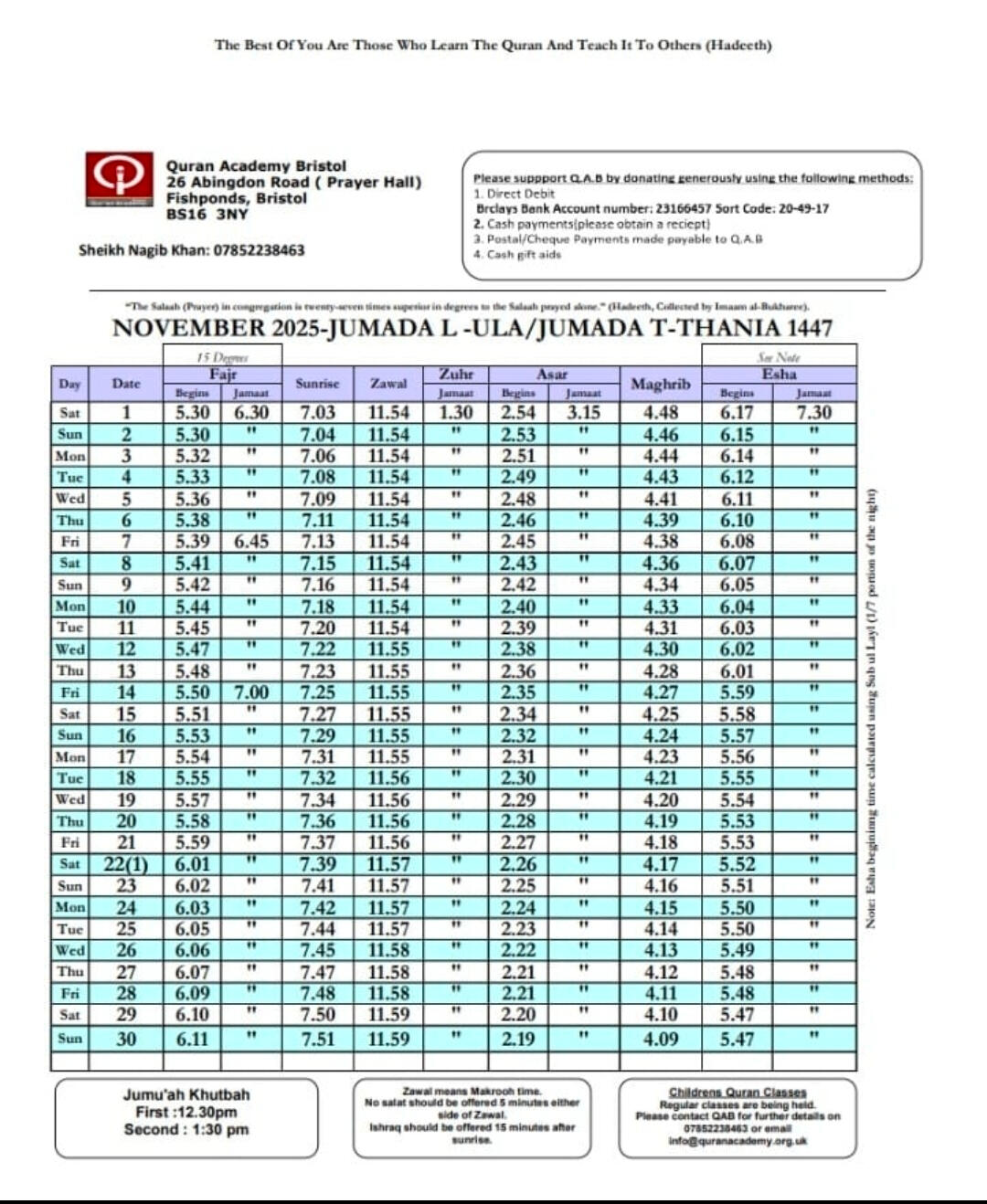 Quran Academy Bristol facilities for Brothers &amp; Sisters