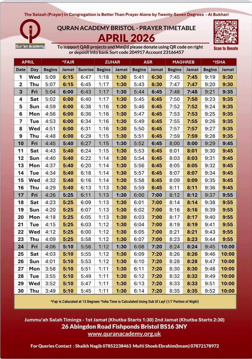 Quran Academy Bristol facilities for Brothers &amp; Sisters