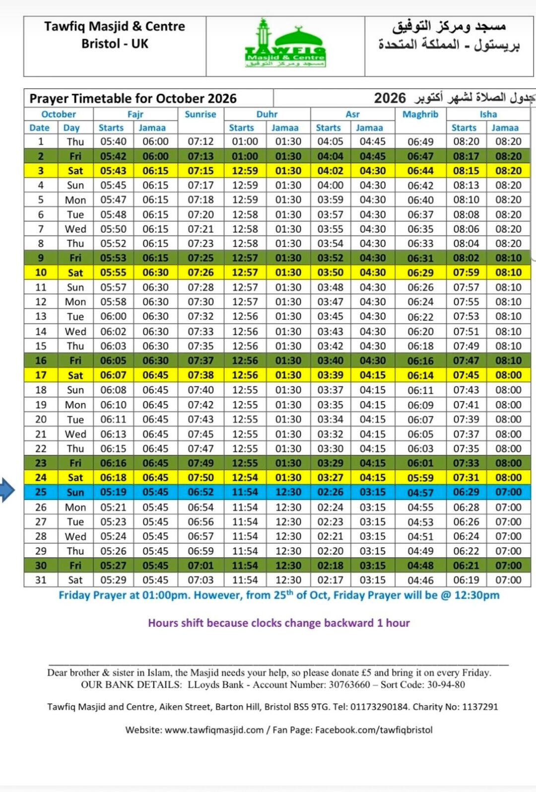 Tawfiq Masjid & Centre facilities for Brothers & Sisters