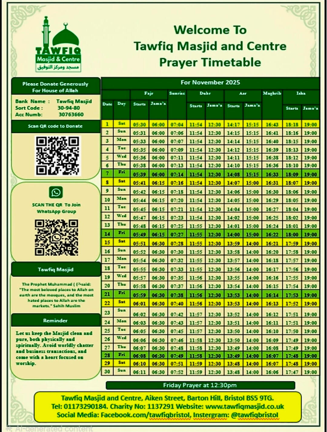 Tawfiq Masjid &amp; Centre facilities for Brothers &amp; Sisters