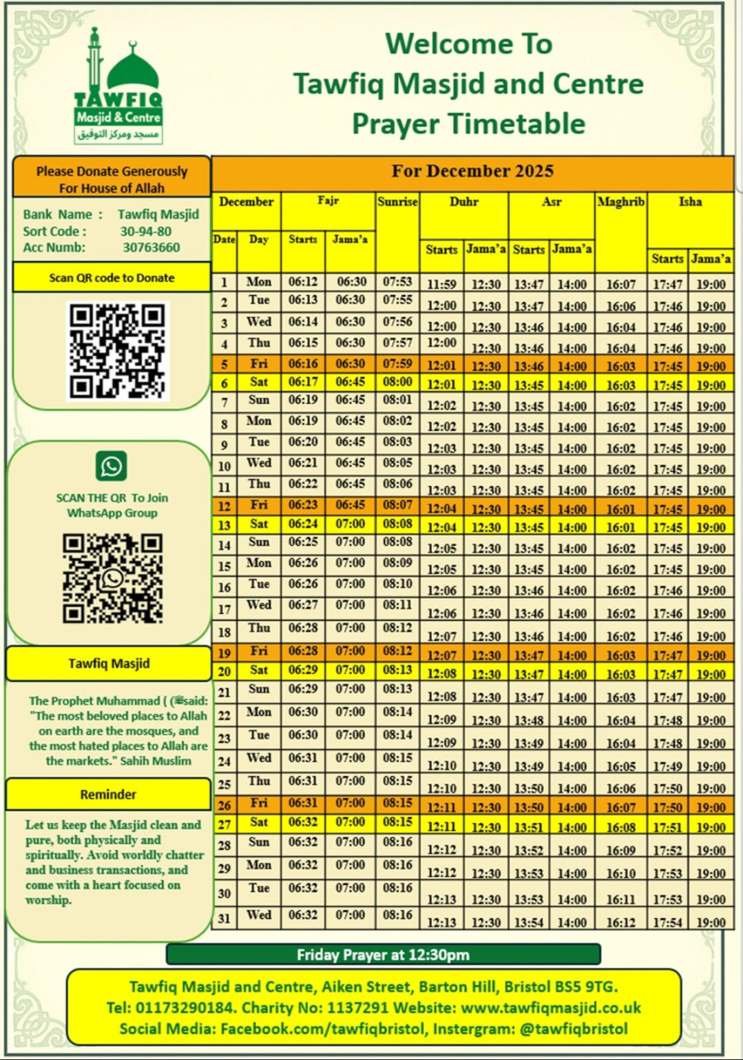 Tawfiq Masjid &amp; Centre facilities for Brothers &amp; Sisters