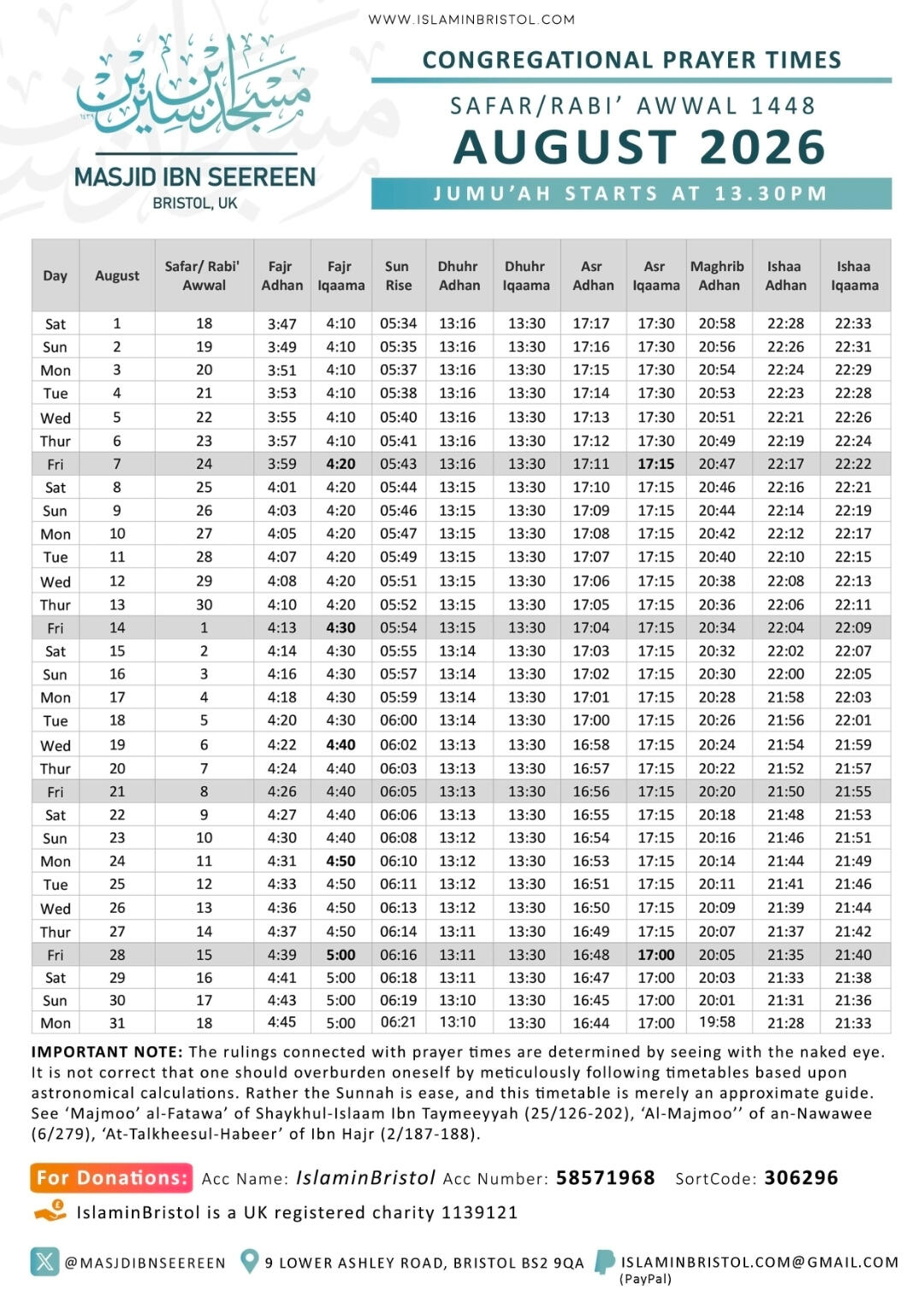Masjid Ibn Seereen facilities for Brothers & Sisters