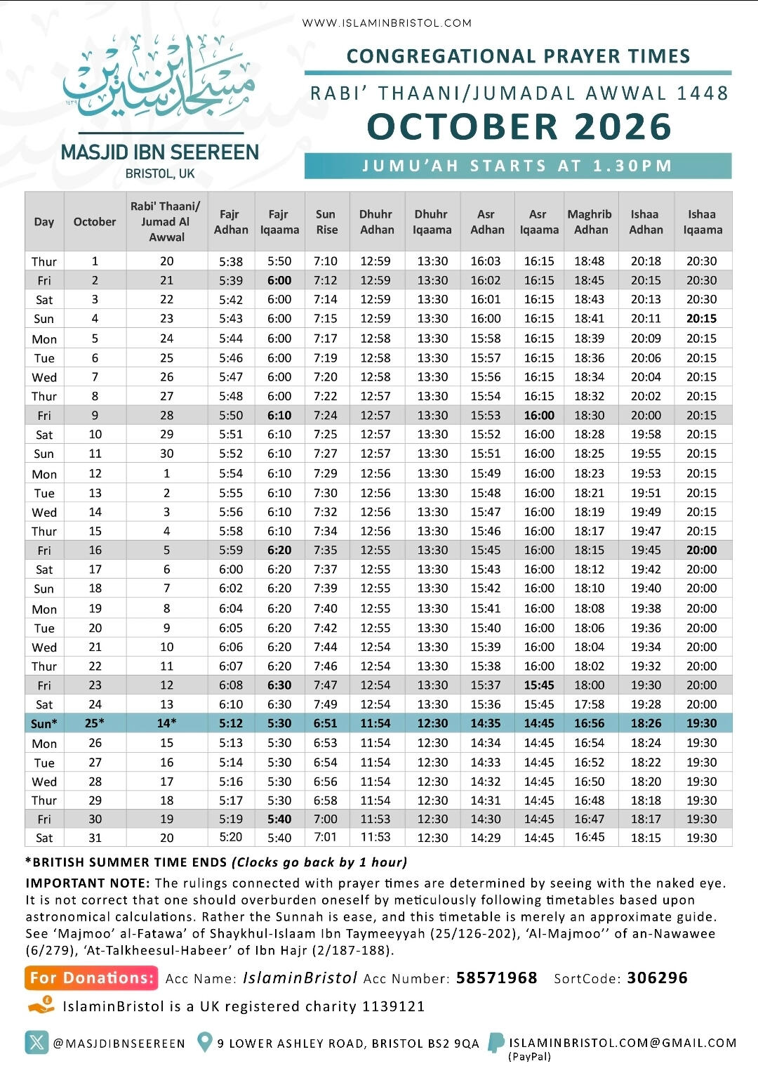 Masjid Ibn Seereen facilities for Brothers & Sisters