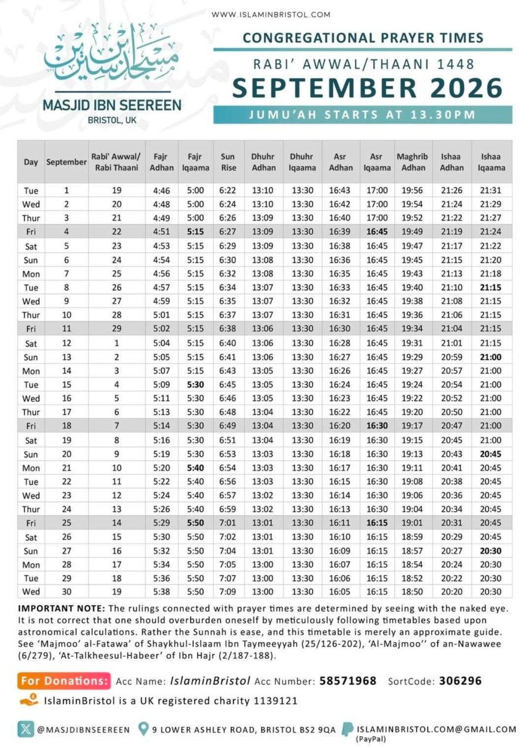 Masjid Ibn Seereen facilities for Brothers & Sisters